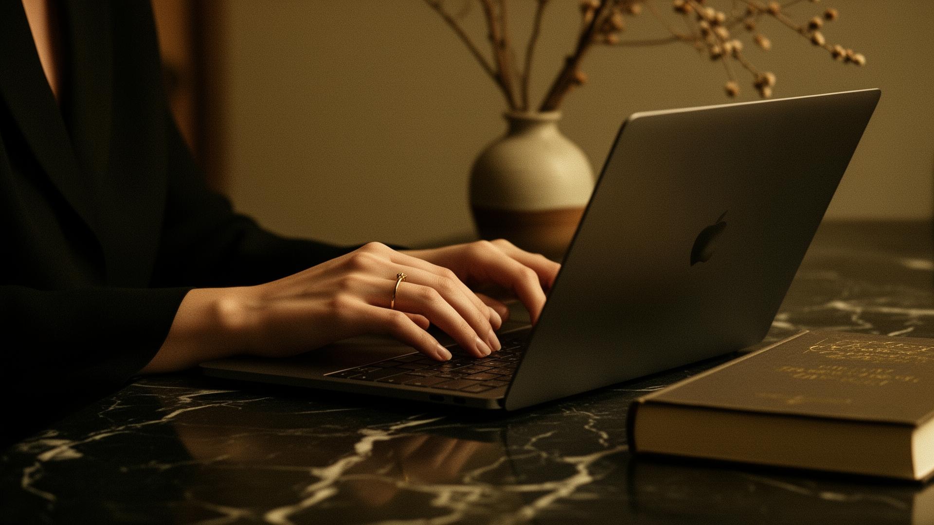 Manos trabajando en un laptop sobre escritorio de mármol