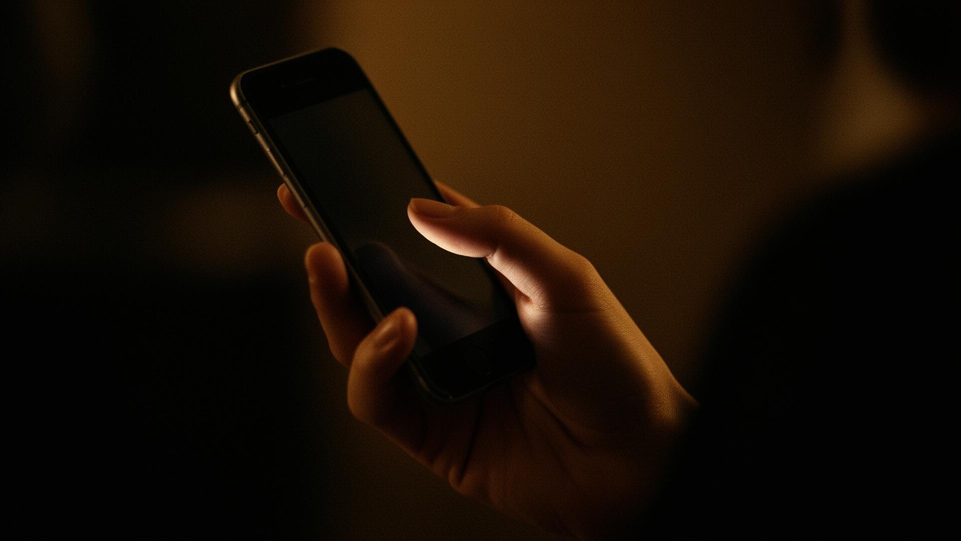 Mano sosteniendo un teléfono iluminado en penumbra